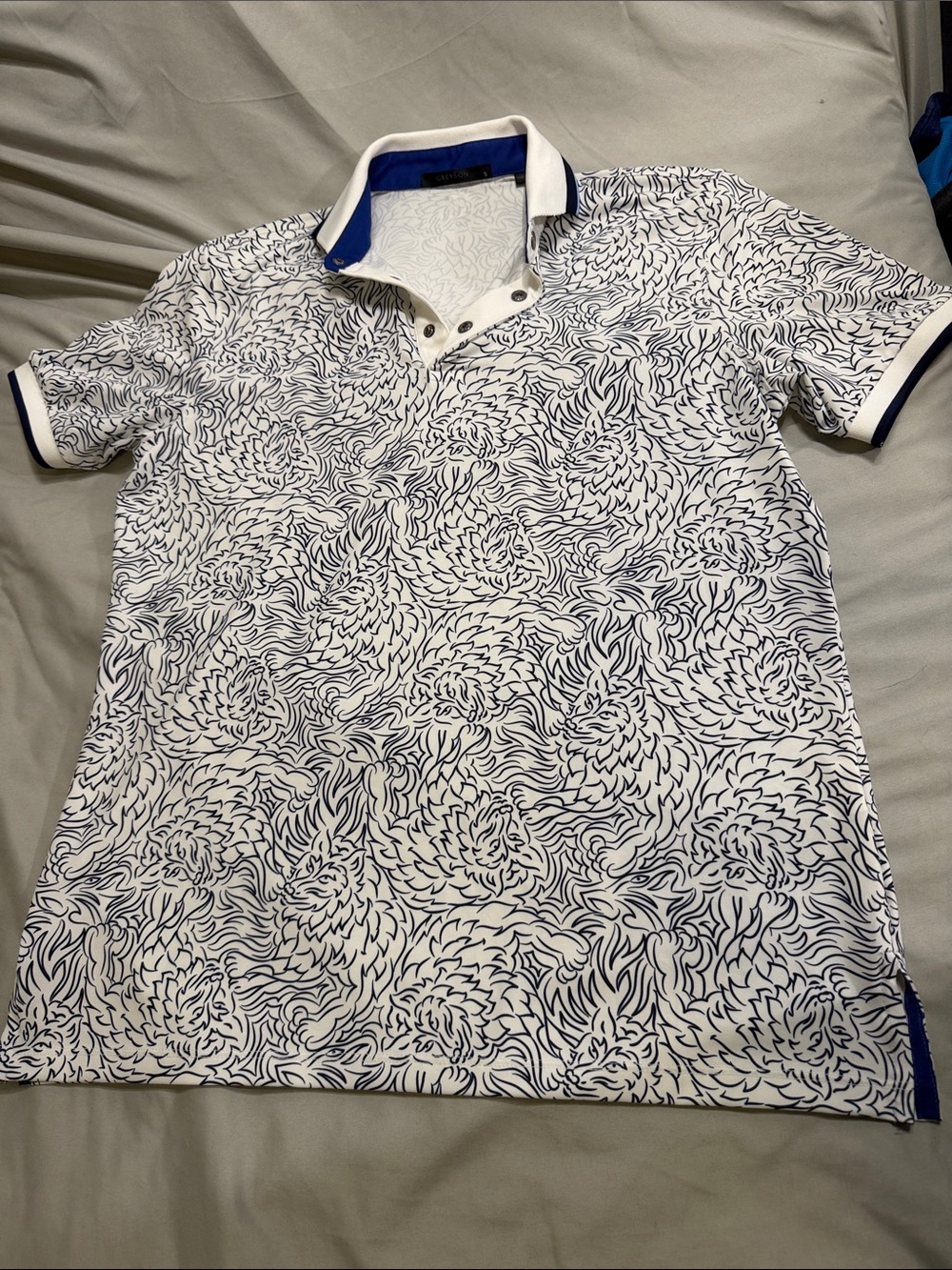 Greyson White Polo with Navy Floral Line Print